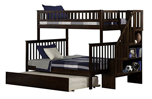WOODLAND STAIRCASE BUNK BED WITH URBAN TRUNDLE, ANTIQUE WALNUT, TWIN OVER FULL